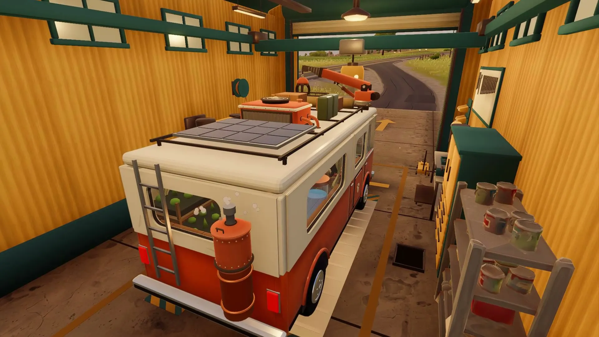 The van in Bob's garage, a crane and solar panels on its roof