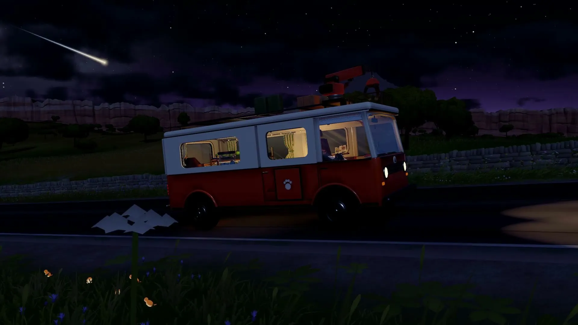 The van at night under a shooting star